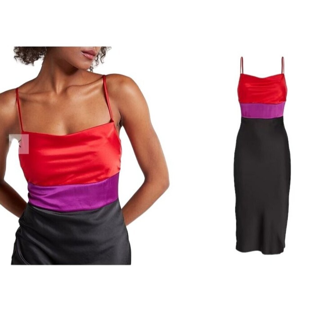 Express Satin Slip Dress Color Block Tier Midi Size XS  Holiday Party NWT $98 - Picture 2 of 10